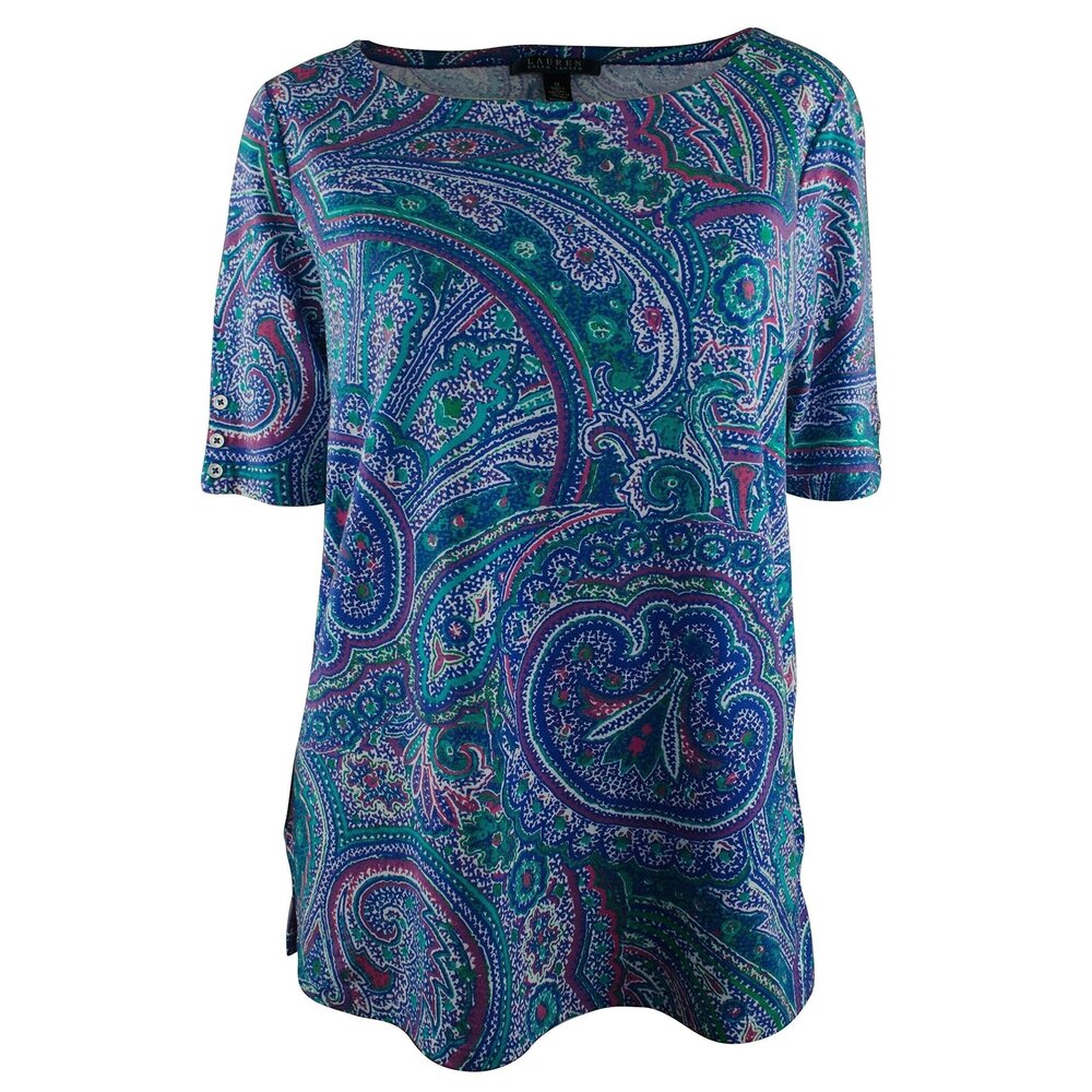 Ralph Lauren Women's Petite Elbow-Sleeve Paisley-Print Blouse Shirt Tops-BM-PXS